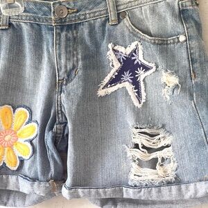 Light Wash Denim Patchwork Shorts with Star & Flower Details
